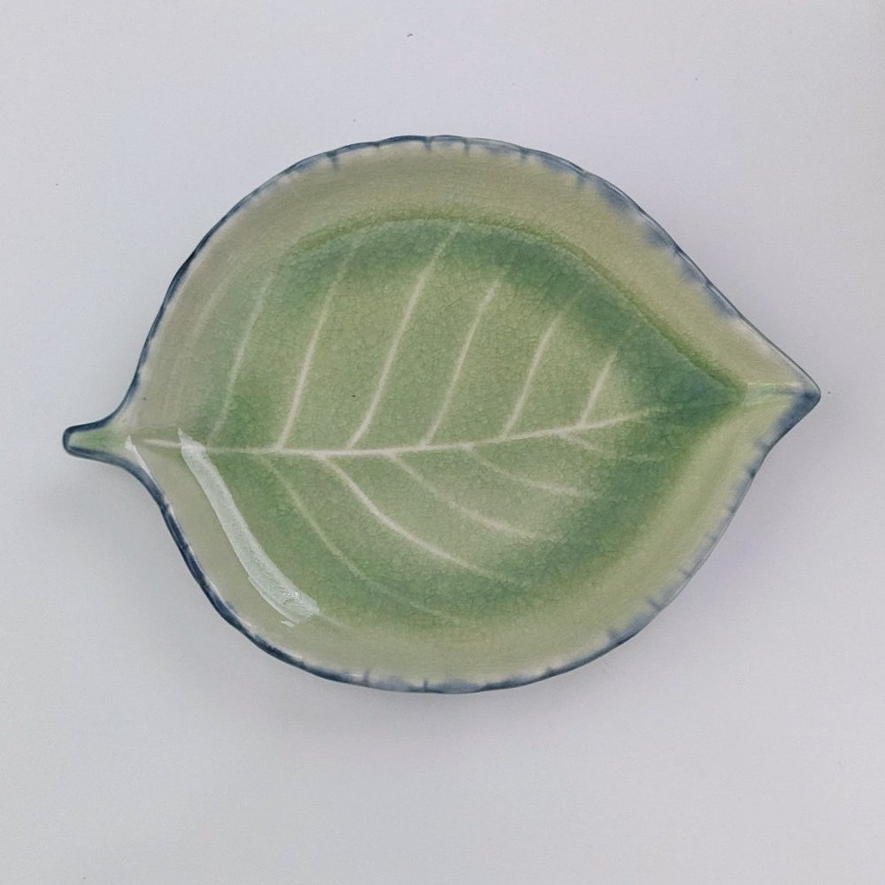 Vintage Kotobuki Pottery Leaf Shape Small Dish Celadon Botanic Garden Nature Zen